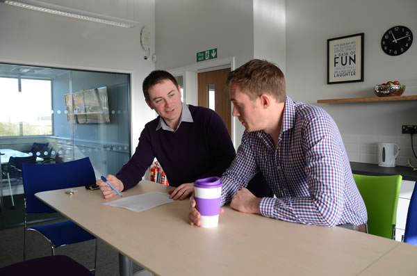 Electrical Engineer Richard Nunn (left) and HSE Manager Adam Blake in the coffee area of the Scira Team's new offices