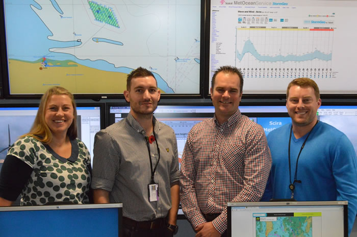 Rebecca Callister, Karl Butler, Russell Hill and Ross McMillan in the Marine Coordination Centre at Wind Farm Place, the operating base for Sheringham Shoal