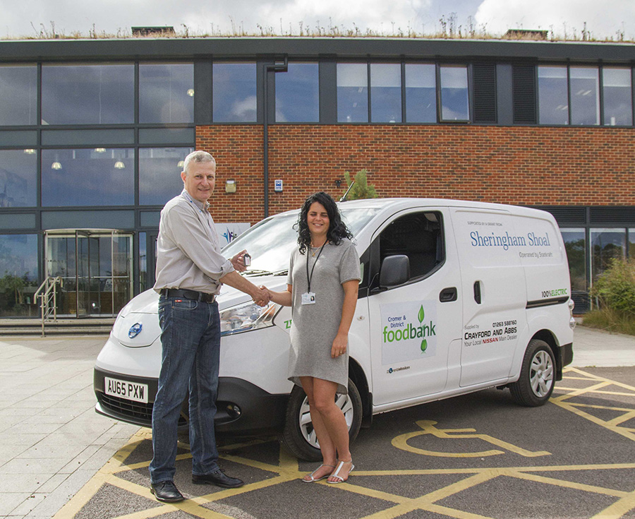 Timothy Hardy from Sheringham Shoal Offshore Wind Farm, handing over the keys to the Nissan electric van to Ella King from the Cromer and District Food Bank